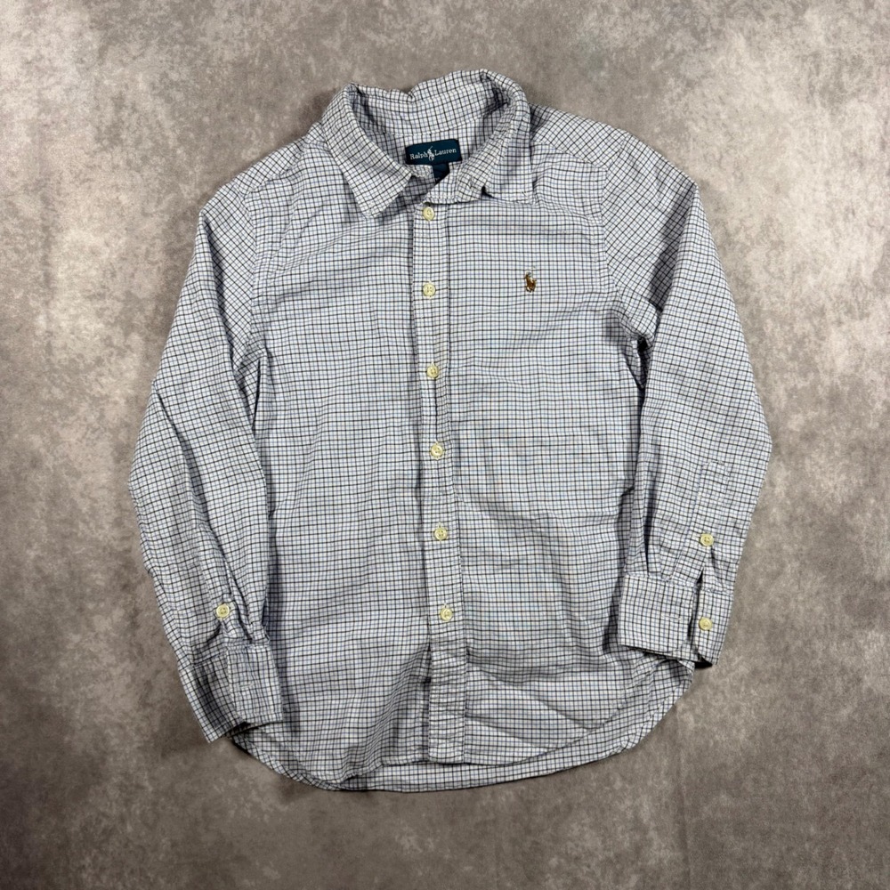 Ralph Lauren Boys Blue White Check Long Sleeve Button Down Shirt 10-12 Preppy
